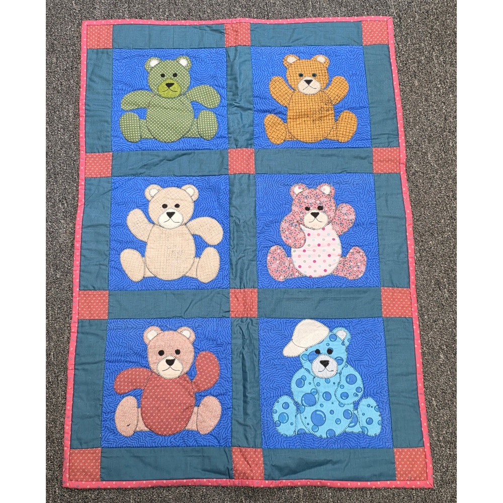 Handmade Teddy Bear Patchwork Quilt Wall Hanging Blue Teal Red Brown‎ Nursery